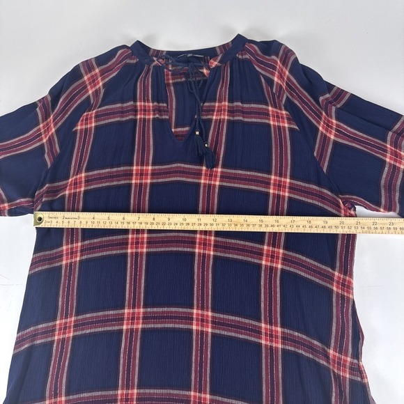Lucky Brand Plaid Blouse Women 1X Navy Blue Boho Tassel Tie Rayon Top - Picture 6 of 12